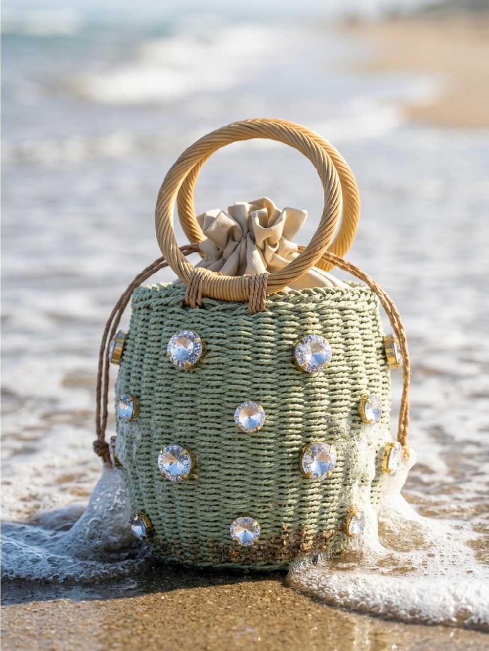 Woven Rattan Bucket Bag with Crystal Accents - Green